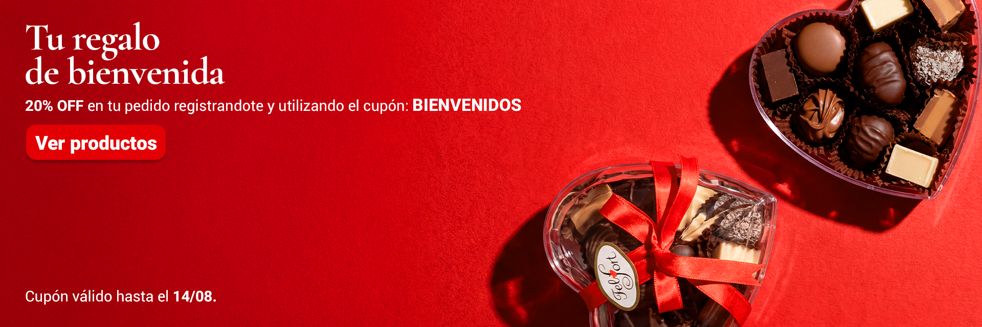 Banner con una bombonera en forma de corazón promocionando un 20% de descuento con el cupón BIENVENIDOS al registrarse nuevamente.
