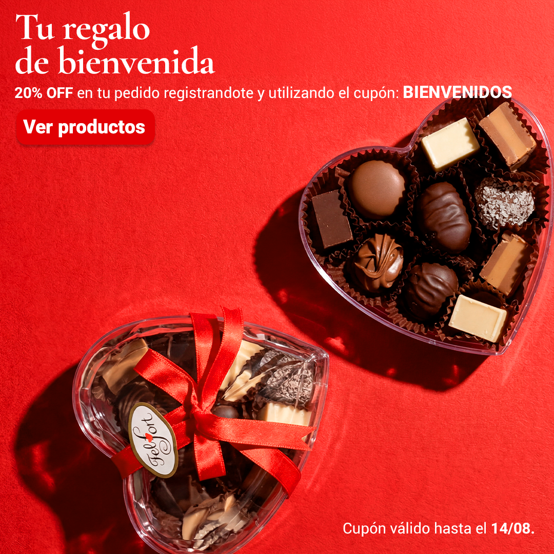 Banner con una bombonera en forma de corazón promocionando un 10% de descuento en tu primer pedido luego de registrarte.