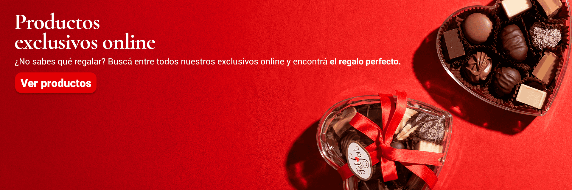 Banner promocional con una bombonera Felfort en forma de corazón en un fondo rojo con un texto que te invita a descubrir los productos exclusivos online.