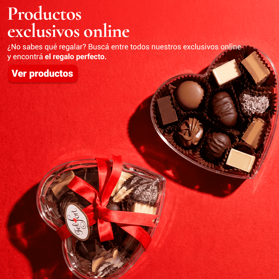 Banner promocional con una bombonera Felfort en forma de corazón en un fondo rojo con un texto que te invita a descubrir los productos exclusivos online.