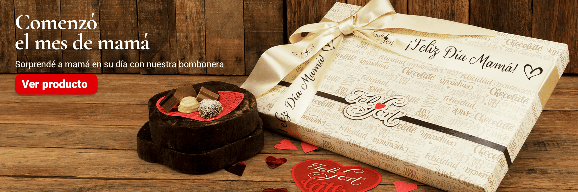 Banner promocional por el día de la madre mostrando una bombonera con una cinta que contiene la leyenda "Feliz día mamá".
